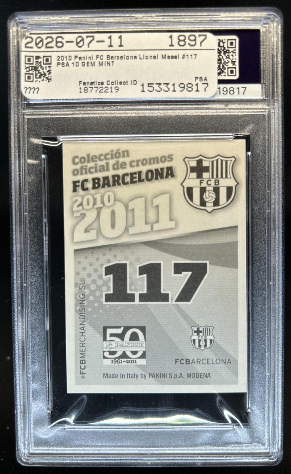 2010-11 Panini FC Barcelona Stickers Lionel Messi #117 PSA 10 GEM MINT view 2
