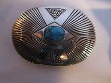 HANDMADE NATIVE AMERICAN TURQUOISE AND STERLING SILVER SIGNED BELT BUCKLE