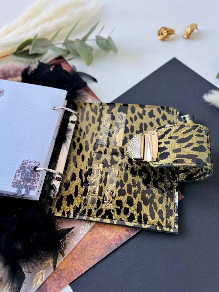 Gold Leopard leather notebook cover A7 6 rings mini wallet, Mini Planner Binder. - Image 3 of 4