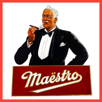 1940s Maestro Cigar Vintage Advertising Sign 17'' Cardboard Easel Back Fan Pull