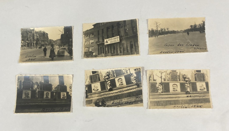 Six WWII Snapshot Photographs Berlin 1945 -  Buildings, Stalin Churchill Posters
