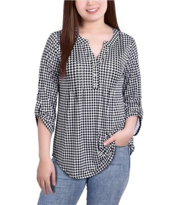 NY Collection Womens Printed Pintuck Henley Shirt, White, Petite, PL