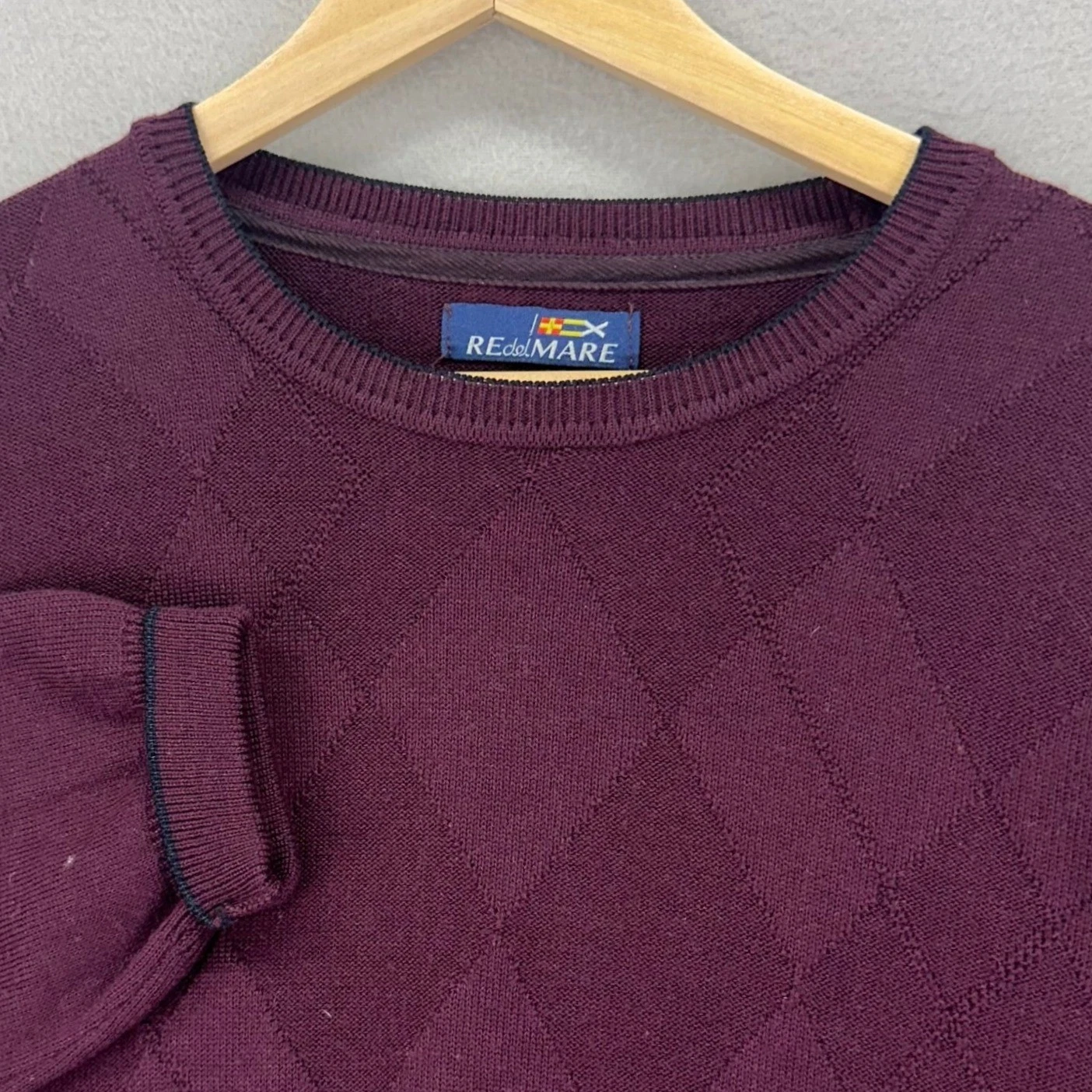 Merino Wool Crewneck Sweater Mens XXL Burgundy Argyle Long Sleeve Pullover Italy