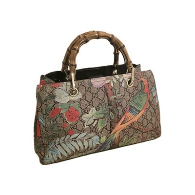 Gucci Tian Bamboo Shopper Medium Tote 323660 GG Supreme Floral Bird Bag Authenti