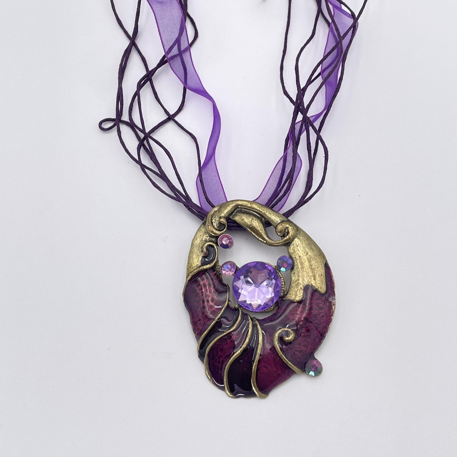 Purple Statement Necklace Multistrand Ribbon Pend… - image 1