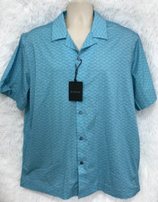 BUGATCHI Men's Size L Blue Short Sleeve 8-Way Stretch Printed Shirt 179 NWT