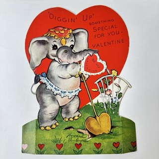 Vintage 40’s Valentine Kitsch Elephant Digging Die Cut Mechanical Moving Stands