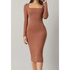 Shein Basics Square Neck Bodycon Midi Long Sleeve Brown Dress - XL