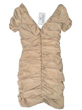 NWT Xoluxx Ruched Beige Tan Short Sleeve Dress Size Small 
