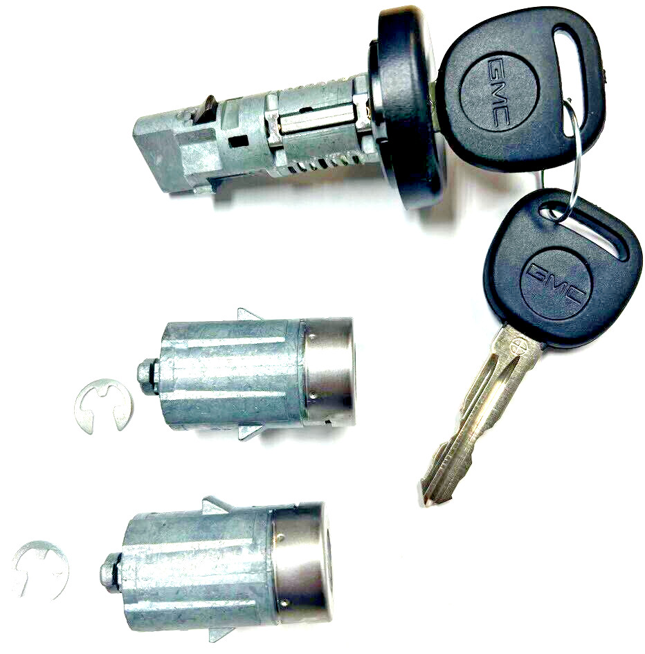 GM OEM Ignition Lock Cylinder + Pair Door Lock Cylinders W/2 GMC Chip Logo Keys