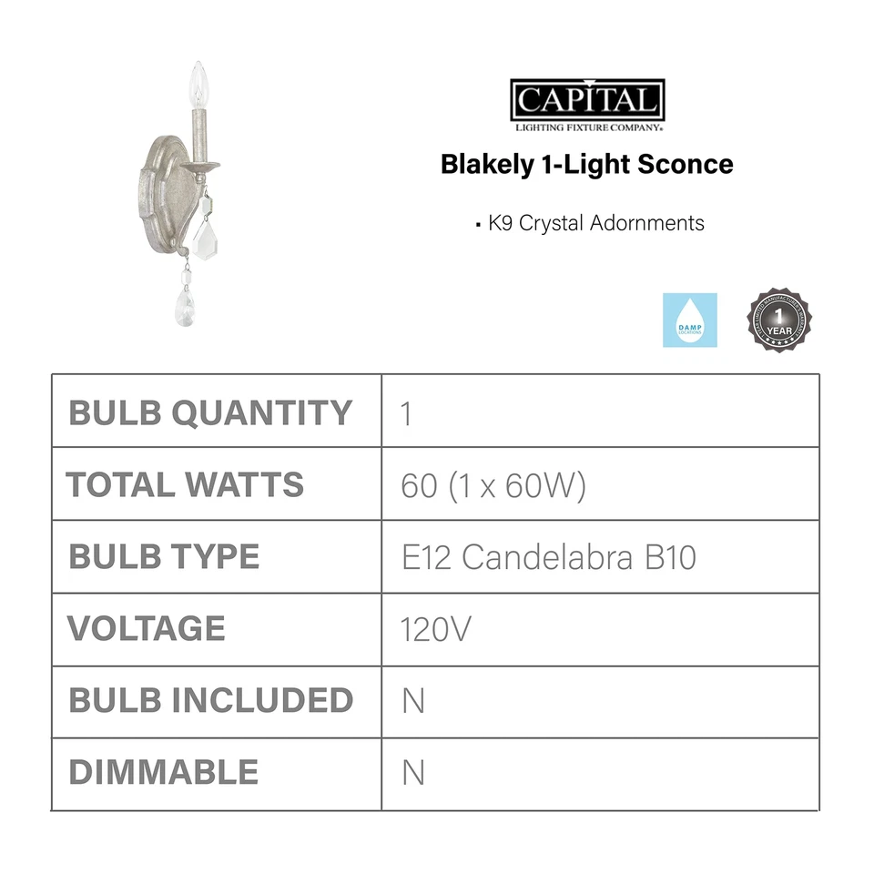 Aplique de pared de cristal Capital Lighting 1616AS-CR Blakely K9, 1 luz 60 vatios, 1... Foto 3 de 3