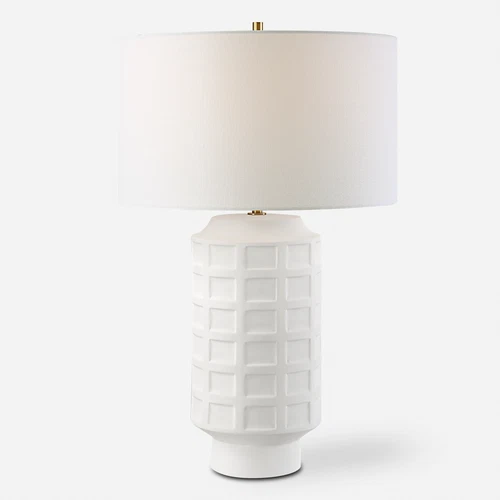 Contemporary Chalk White Ceramic Grid Pattern Table Lamp 28 in Embossed Squares - Picture 1 of 7
