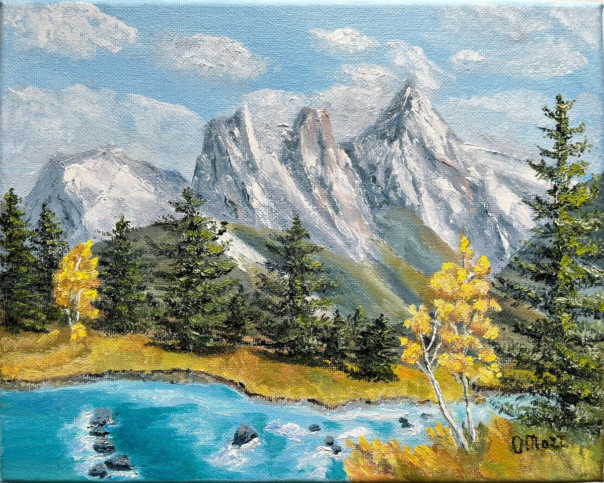 Mountain panting Rive art tree artwork Landscape Painting Pine tree painting