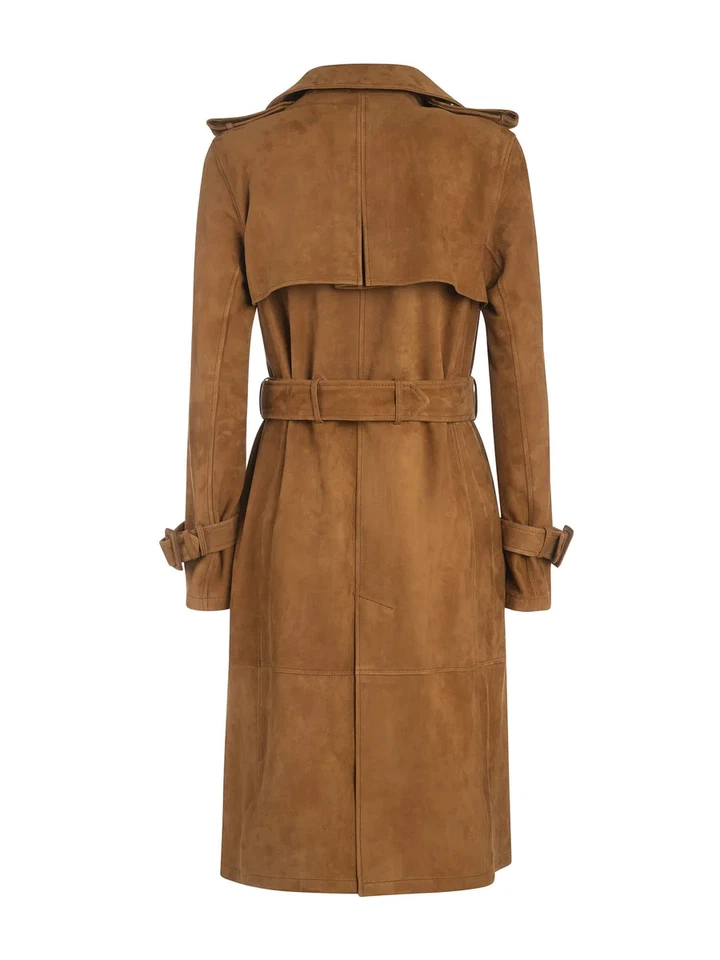 Womens Brown Suede Leather Trench Coat Size S M L XL XXL 3XL Custom Made - Image 2 of 4