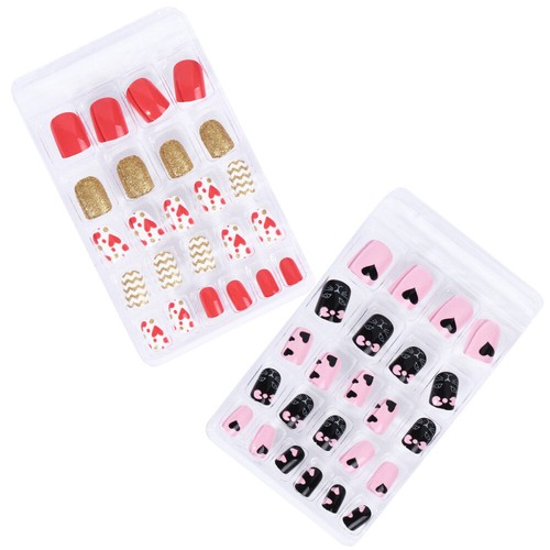 2 Sets 48pcs Kids False Nails Nails Kits for Kids Teenager Girls