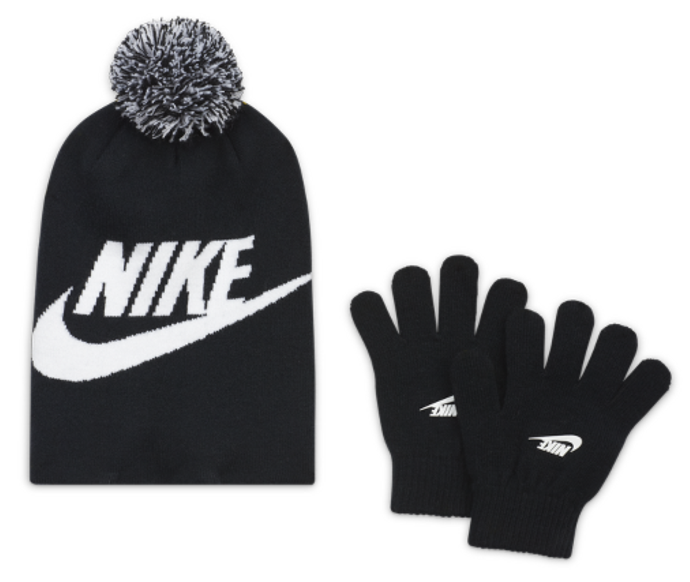 Nike Boys Big Kids Swoosh Beanie Hat Gloves Set Black/White 8-20