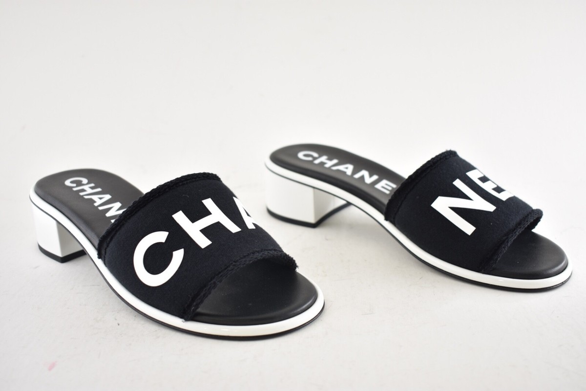 Chanel 24C Black White CHA NEL Letter Logo Mule Slide Block Heel