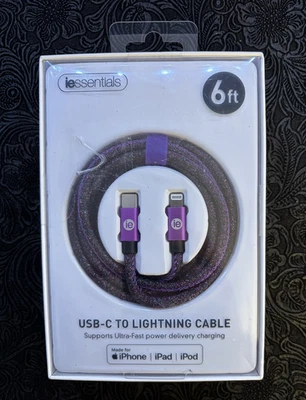 iEssentials Braided 6ft USB-C to Lightning Charging Cable Glitter Purple NEW - Image 1 of 4