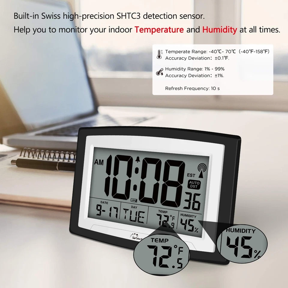 WallarGe Atomic Clock with Indoor Temperature and Humidity,Self-Setting Digital - Image 4 of 4