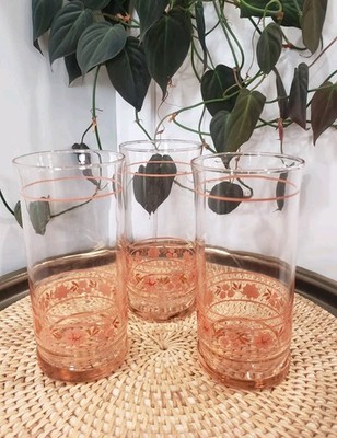 VTG MCM Libby Pink Striped Floral Design Ice Tea /Water Tall Tumblers 3 Pc Set