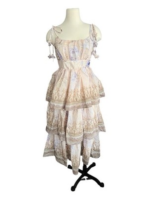 Anewsta Floral Tiered Dress Spaghetti Straps 3D Flowers Chiffon Midi Pastel Boho