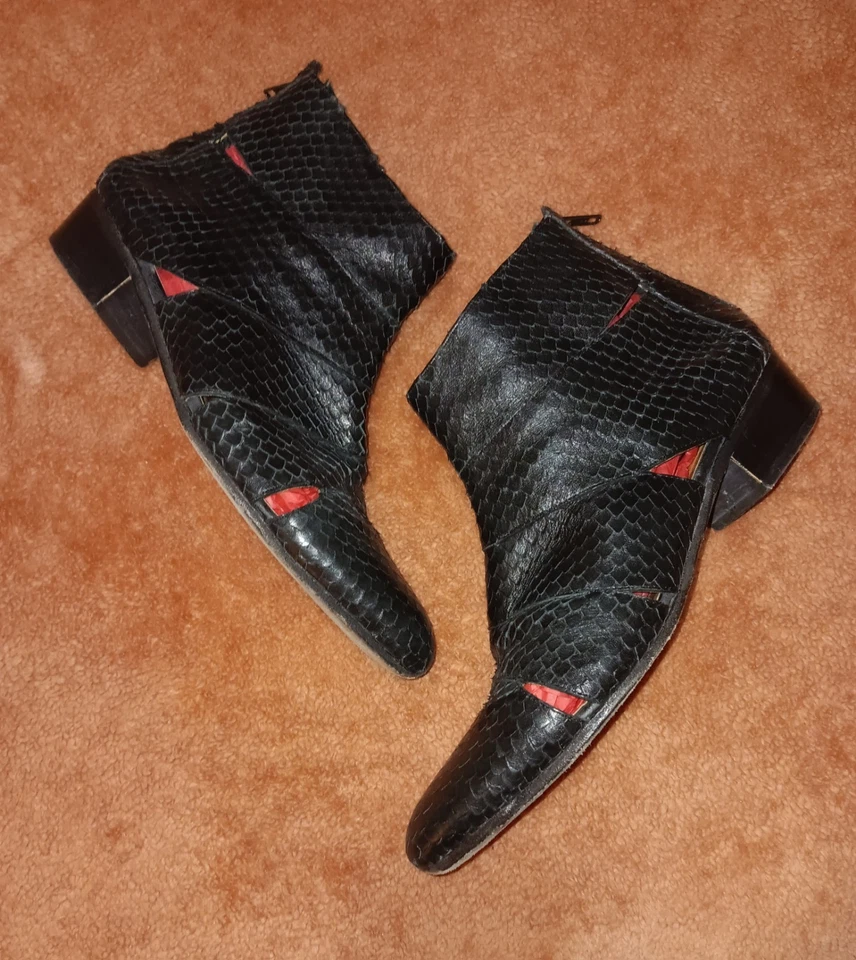 Botines FIDJI Genuinos Piel de Serpiente Negros Talla 12M 42 Hechos en Portugal Tacón Bajo Foto 2 de 4