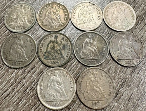 1854-1873 Seated Liberty Half Dime H10C Collection VERY FINE VF Grade, 10 Coins