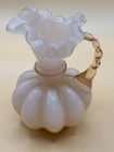 Vtg Fenton Ruffled Top Dusty Rose Pale Pink Melon Glass Pitcher Vase 5.75"