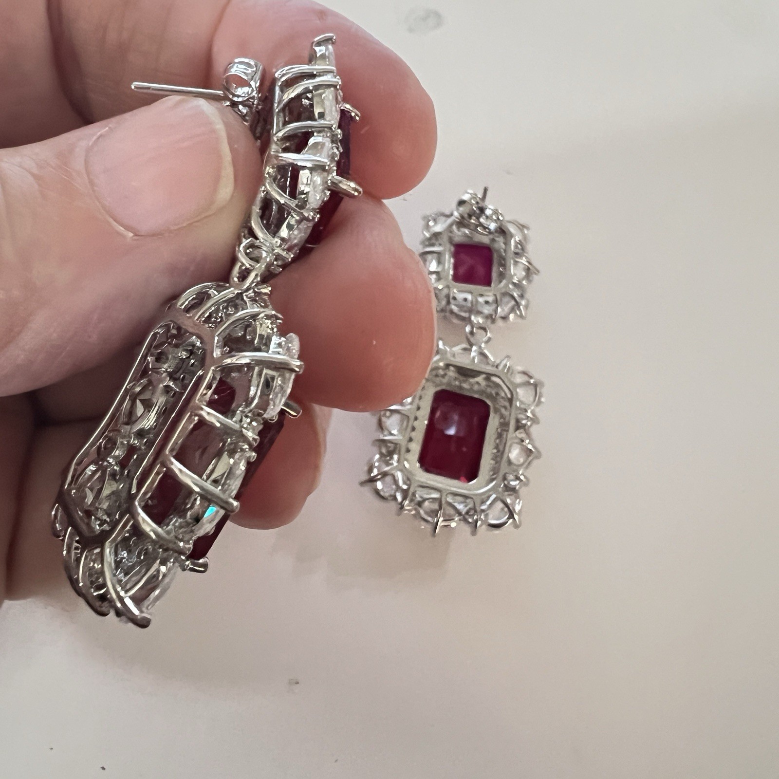 Silver Ruby + Diamond SIMULATED EARRINGS Posts 2”… - image 3