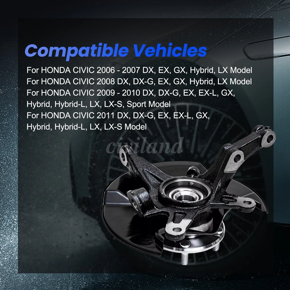 Front Pair Steering Knuckle and Wheel Hub Bearing for 2006 - 2011 Honda Civic Foto 4 de 4