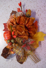 Handmade Vintage THANKSGIVING HARVEST Turkey Corsage Velvet Leaves Acorn Pumpkin