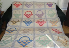 Old 40's Handmade Applique Cotton Quilt Top Baskets on Feed Sack Fabric 70"x42"