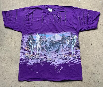 Vtg 90s All Over Print Wolves T Shirt Howling Wolf Nature Trees New Deadstock XL