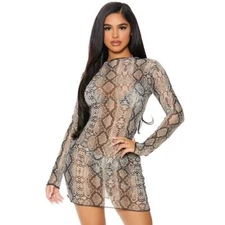 Swim Coverup Mini Dress Sheer Mesh Print Long Sleeves Reptile 441424 Small