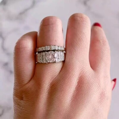 14K White Gold Over Bridal Engagement Ring Set 2.20 Ct D/FL Round Cut Moissanite