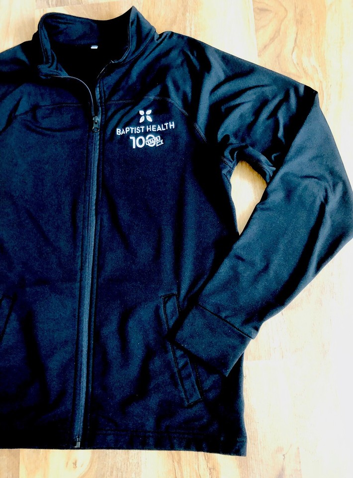 Black Elastic Lab Coat 100 Years Baptist Health Full Zip Pockets Fits