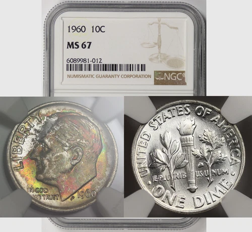 1960 Roosevelt Dime 10C MS 67 NGC Color Toned