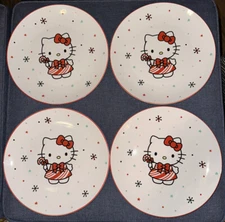 4 Hello Kitty Ceramic Christmas Candy Cane Dress Dinner Plates 10.5” Snowflakes