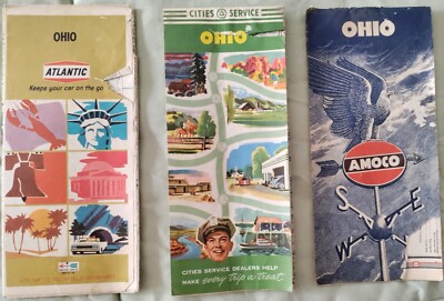 1968 Ohio Road Maps- Set of 3 Different- Amoco - Atlantic - Cities Service Gas 