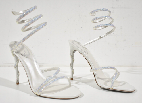 Rene Caovilla Margot Ivory White Crystal Ankle Wrap Strap Sandal Heel Pump 36 - Picture 4 of 12