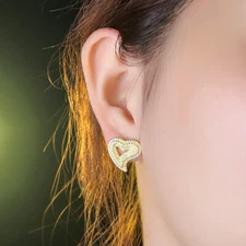 Women Retro Gold Plated Heart Stud Earrings Wedding Party Cubic Zirconia Jewelry