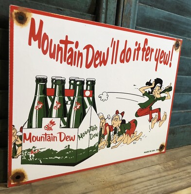 激レアoldmountain purveyors メタルディッシュステッカー付 VINTAGE 1964 DATED MOUNTAIN DEW PORCELAIN 12” SIGN HILLBILLY SODA