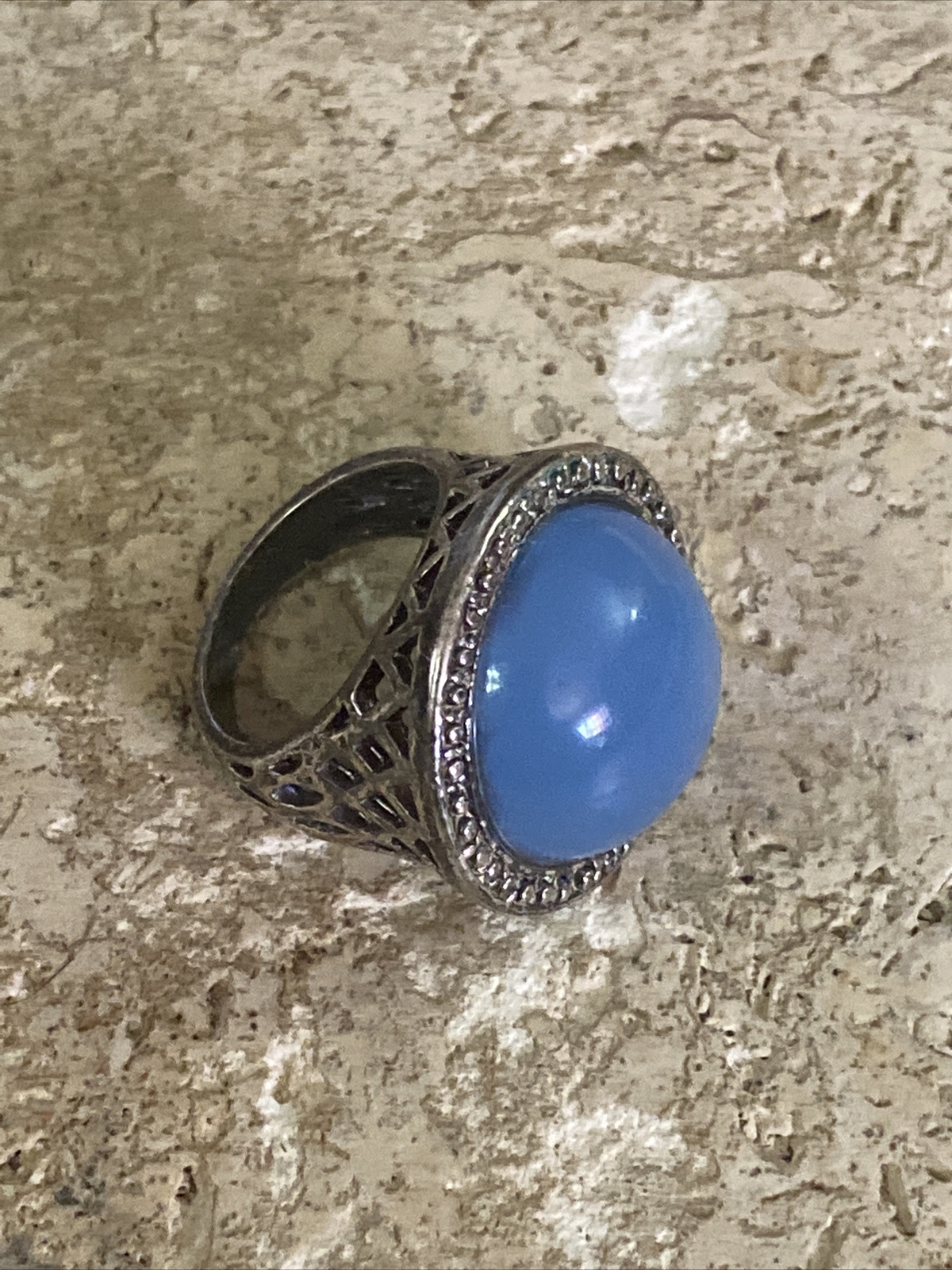 Silver Tone Blue Translucent Moonstone Chunky Rin… - image 2