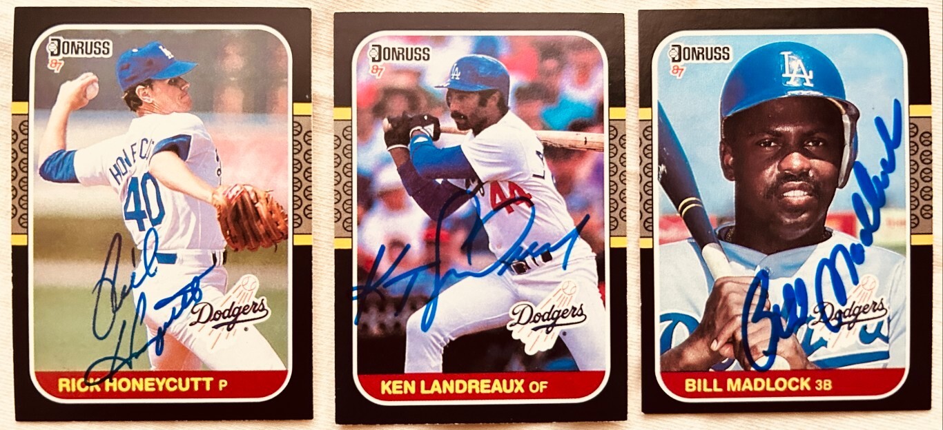 Rick Honeycutt Ken Landreaux Bill Madlock signed auto Dodgers 1987 Donruss cards