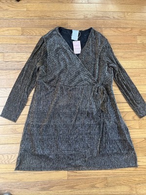 New Serra Gold Shimmer Metallic Women's Front Wrap Dress Size XL