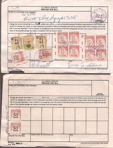 Postage Due Bill- 2 pages- with 8 copies of J101- $5 due-Definite ...