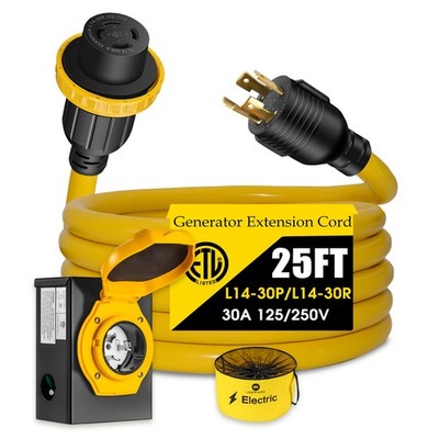 30 Amp Generator Power Cord and Power Inlet Box, 4 Prong NEMA L14-30P to L14-...