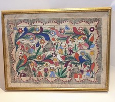 Vintage Mexican Folk Art Painting On Amate Bark Paper Framed 12.5