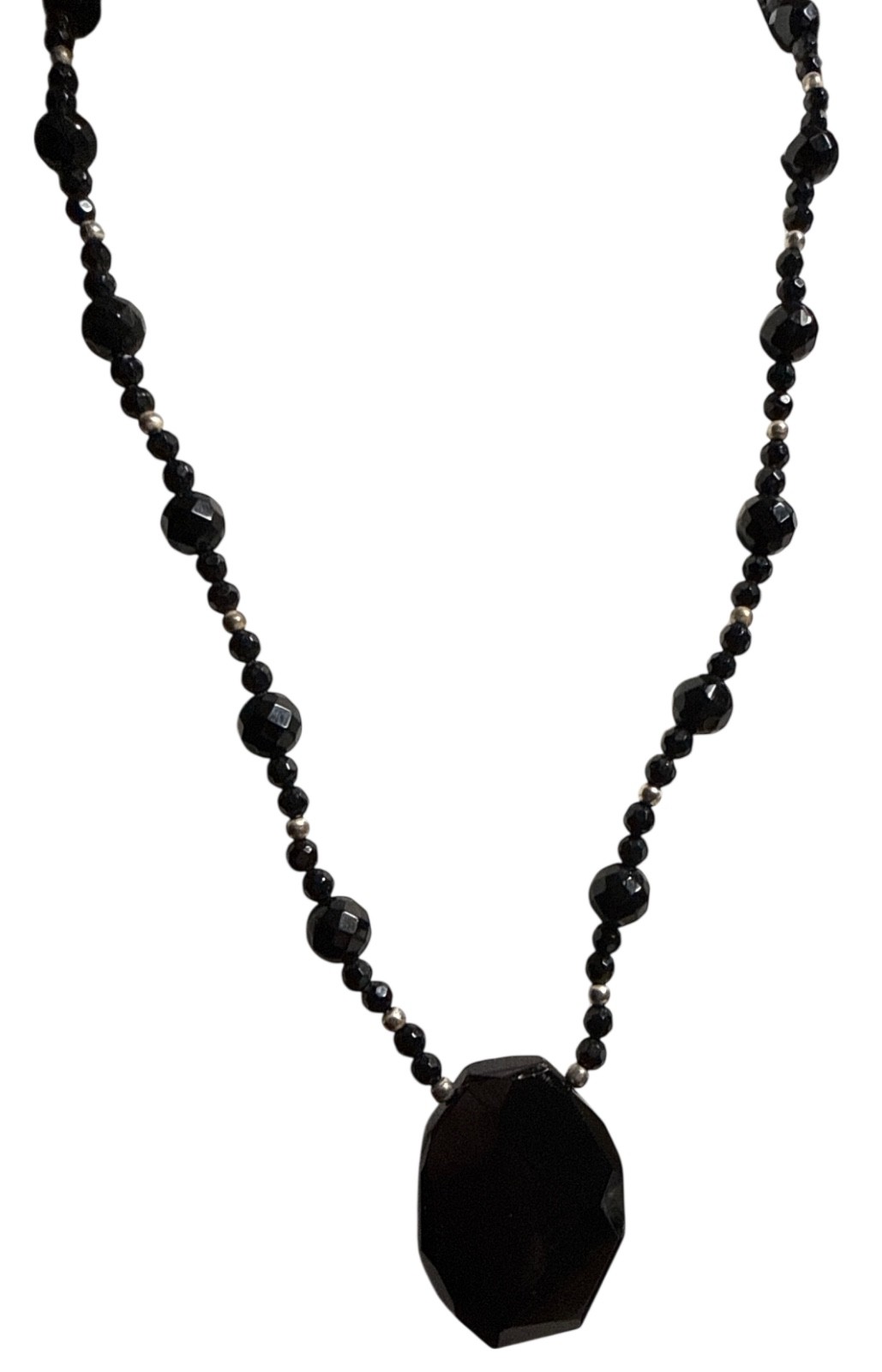 "Faceted Black Glass Pendant Necklace 16\" - 18\" EUC"