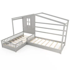 L-shaped Double Twin Beds House Platform Beds with Window & Fences  ray